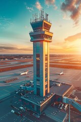 Airport control tower with departing plane on blurred background, space for text - obrazy, fototapety, plakaty
