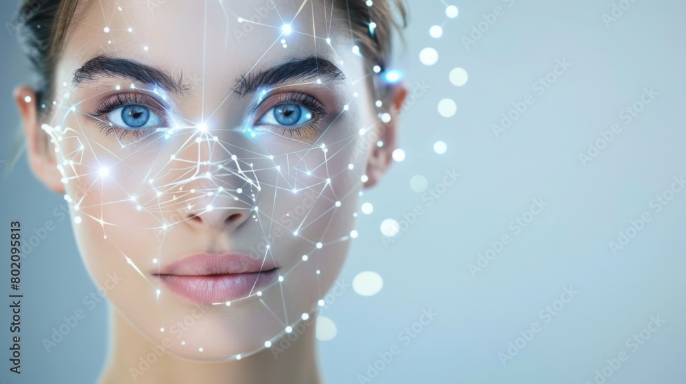 Poster a woman face with digital biometric scanning overlay, indicating advanced security or identification
