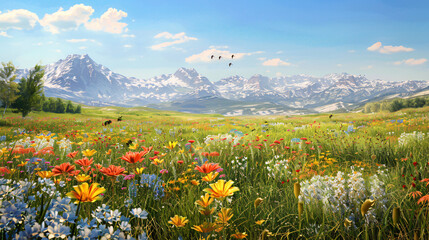 landscape of a vibrant meadow under a clear blue sky, with a variety of colorful flowers blooming, bees buzzing around, and a distant mountain range in the background