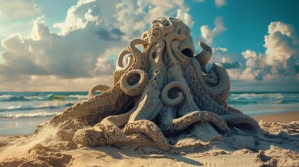 A beachside sand sculpture, depicting a mythical creature emerging from the shore.