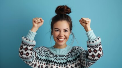Portrait of delighted lady luck lucky triumph raise fists close eyes content rejoice scream shout yeah mover move in settlement loan beautiful bun trendy stylish sweater isolated on blue background 