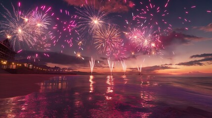 A beachside fireworks display celebrating a summer festival.