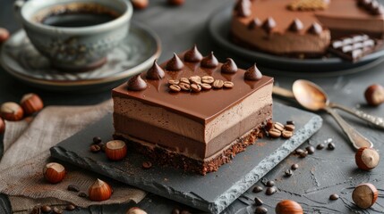 Hot coffee and chocolate mousse cake with hazelnuts and dark chocolate glaze on a wooden and grey stone background. Dark food photography - obrazy, fototapety, plakaty