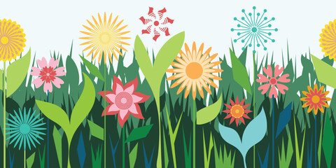 Geometric drawing of grass and flowers, summer meadow, seamless border, vector illustration	
