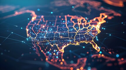 Digital map of USA, concept of North America global network and connectivity, data transfer and cyber technology, information exchange and telecommunication