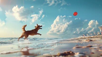 A beach frisbee game with a dog leaping to catch the disc.
