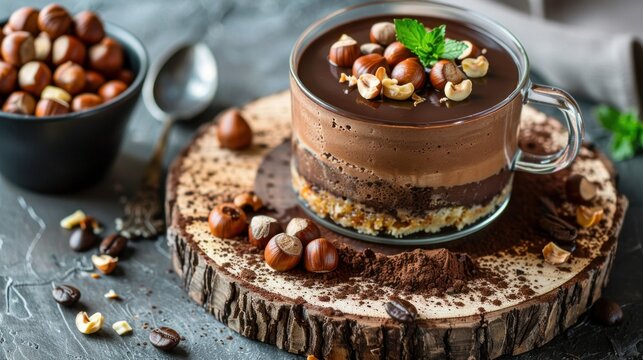 Hot coffee and chocolate mousse cake with hazelnuts and dark chocolate glaze on a wooden and grey stone background. Dark food photography