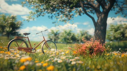Fototapeta premium A bicycle leaning against a tree in a park full of wildflowers.