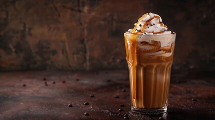 Iced caramel latte coffee in a tall glass with chocolate syrup and whipped cream. Dark background with copy space