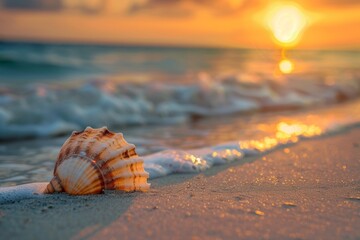 Obraz premium Close-up of a seashell resting on the sand, with gentle waves lapping in the background and a vibrant sunset on the horizon