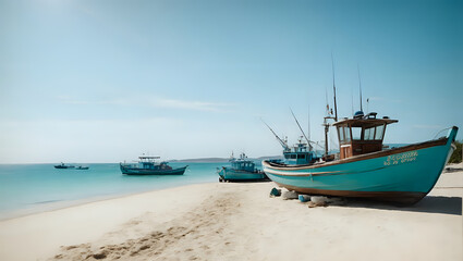 Obraz premium Sunny Beach Paradise with a Lone Fishing Boat