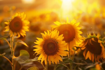 Fototapeta premium Close-up of a sunflower field at sunset, with the golden light bathing the flowers and casting long shadows