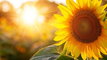 Fototapeta premium Close-up of a sunflower field at sunset, with the golden light bathing the flowers and casting long shadows