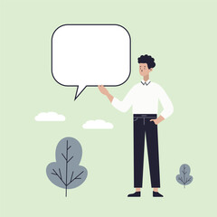 
A cartoon style character stands holding a blank speech bubble, symbolizing social media, chat, conversation, and contact. This hand-drawn vector illustration represents the concept of communication 