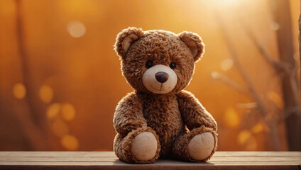 Endearing Brown Teddy Bear Stuffed Animal on Sunny Orange Background.