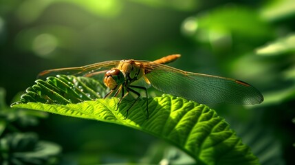 Naklejka premium A close-up of a dragonfly resting on a green leaf.