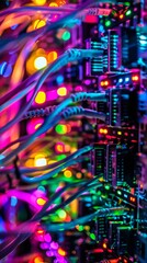 Close-up view inside a server rack, a tangle of colorful cables and blinking lights, focus on a single hard drive