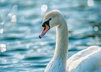 Fototapeta premium Majestic White Swan on Serene Blue Lake with Sunlight Reflections