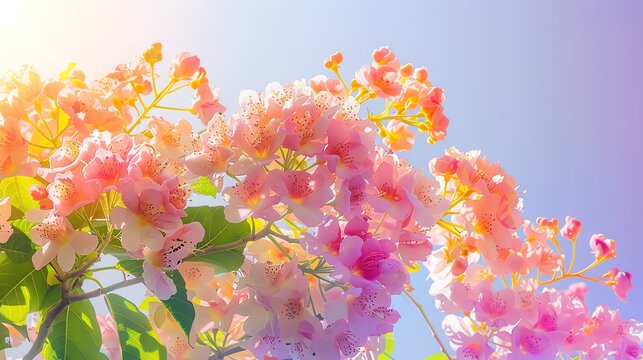 Vibrant Rainbow Shower tree in bloom, pastel purple background, tropical paradise magazine cover, bright sunlight, central focus