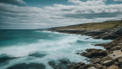 Cloudy Beachscape with Turquoise Waves and Rocky Hills