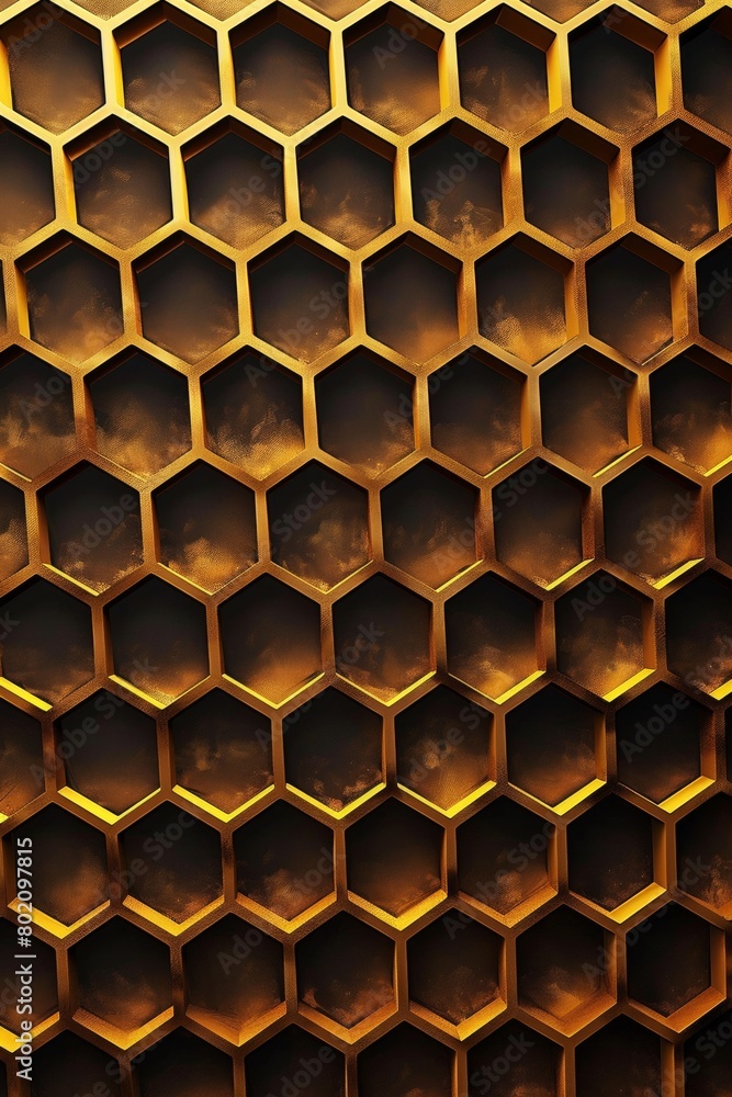 Poster geometric pattern inspired by honeycomb, precise hexagons, golden color scheme