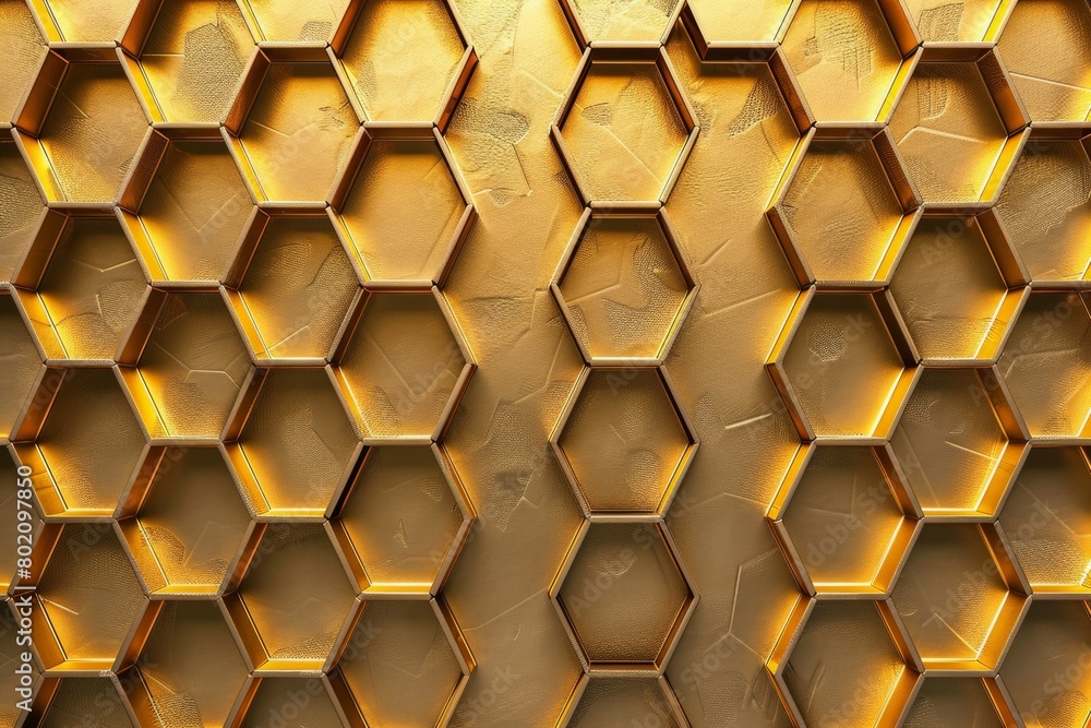 Poster geometric pattern inspired by honeycomb, precise hexagons, golden color scheme