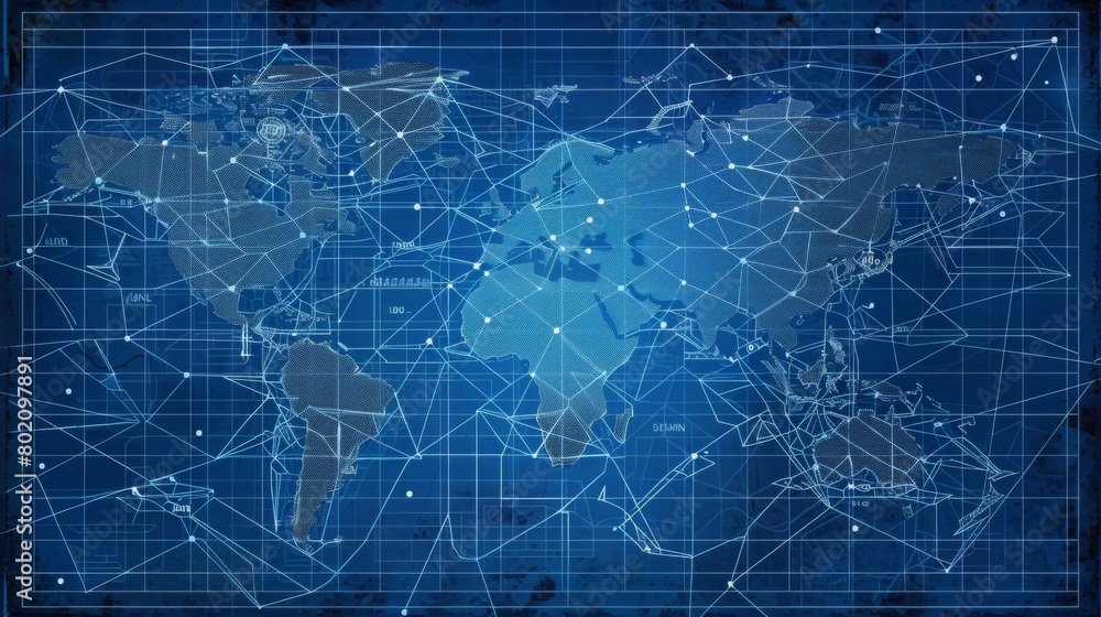 Poster global network map in blueprint style, major data centers marked, fiber-optic routes traced with das