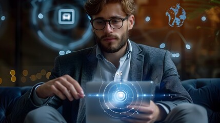 Businessman Interacting with Futuristic Holographic Technology in the Office