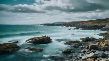 Obraz premium Cloudy Beachscape with Turquoise Waves and Rocky Hills