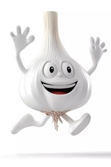 garlic cartoon character with style jumping into the air, 3d illustration of garlic cartoon character, isolated on white background.