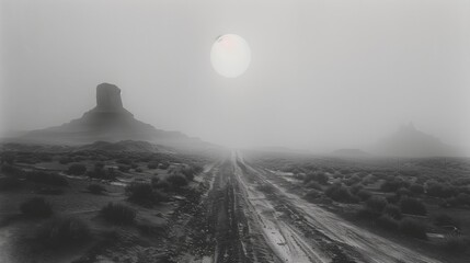 Black and white image capturing a misty, desolate long road stretching into the distance of the north american wastelands under a subdued sun