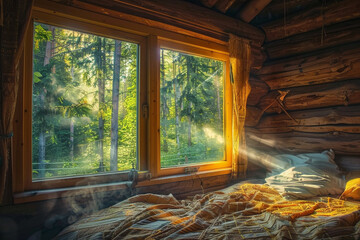 Sunlight streaming through the windows of a cozy cabin nestled deep in the woods.