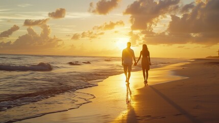 A couple walking hand in hand along a beach at sunrise. - Powered by Adobe
