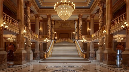Obraz premium Palace ballroom reception area with a grand staircase and marble columns.