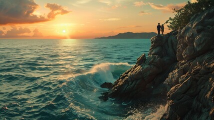 A couple watching the sunset from a cliffside lookout point, with waves crashing against the rocks below.