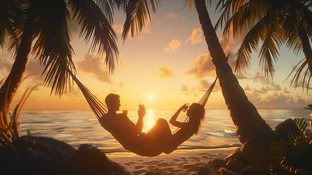 A couple lounging in a hammock suspended between two palm trees, sipping on refreshing cocktails.