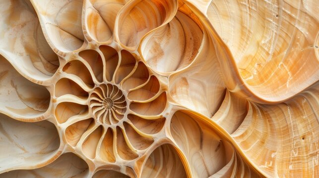 Nautilus shell inspired geometric pattern, spiraling Fibonacci sequence