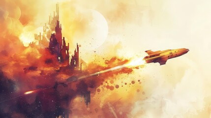 A cyber watercolor painting of a novel spacecraft launching from an ancient ruin, Clipart isolated on white background strange style hitech ultrafashionable