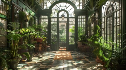 Palace garden room with lush greenery and a conservatory-style design.
