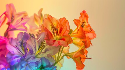 Closeup of Rainbow Shower flowers, gentle cream background, botanical arts magazine cover, warm indoor lighting, close frontal view