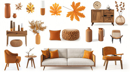 Collection of stylish furniture and autumn decor - obrazy, fototapety, plakaty