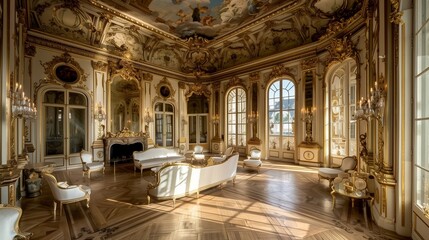 Naklejka premium Palace grand salon with gilded mirrors and intricate ceiling frescoes.