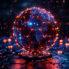 A high-tech digital display of a globe with a dynamic honeycomb overlay. The continents pulse with neon lights against a dark, starry sky background. Created Using futuristic design, neon lighting, di