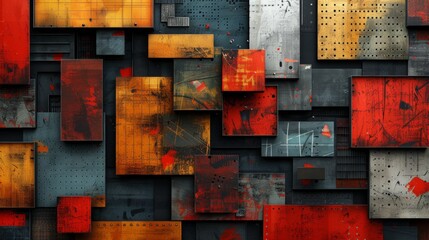 An illustration of a modern art piece featuring a grid structure filled with contrasting patterns and textures.