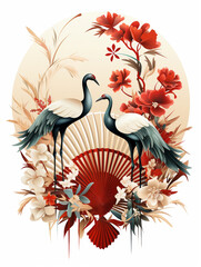 Artistic vector of fan montage with delicate crane and bamboo designs, perfect for decorative screens and wall art ,  flat graphic drawing