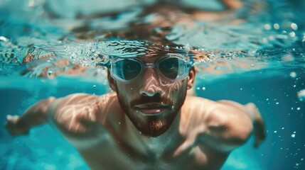 Naklejka premium Portrait photo of a caucasian man swimming underwater in a pool on sunny day