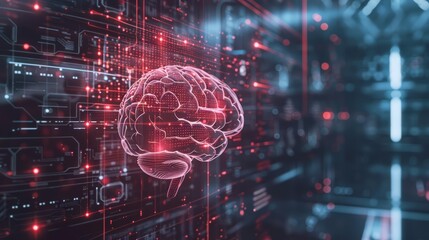A serene brain scan pulses with activity, visualizing complex psychological processes, Sharpen close up hitech concept with blur background
