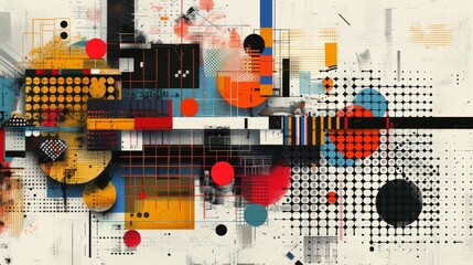 An illustration of a modern art piece featuring a grid structure filled with contrasting patterns and textures.