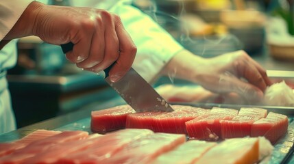 A picturesque view of a sushi chef expertly slicing a fresh tuna loin, showcasing the precision and skill required to create the perfect sashimi on International Sushi Day.