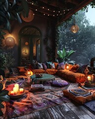 The AI-generated photo shows a beautiful outdoor living space with a comfortable seating area, surrounded by lush greenery and twinkling lights